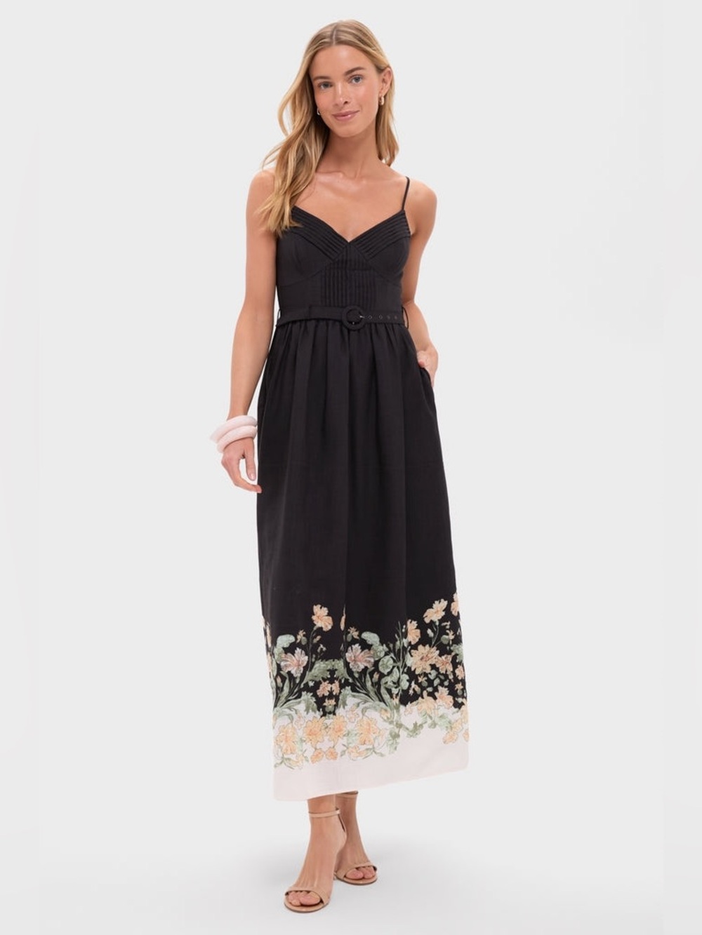 Tuckernuck En Saison Floral Print Midi Dress Black Pintuck Corset Belted Medium